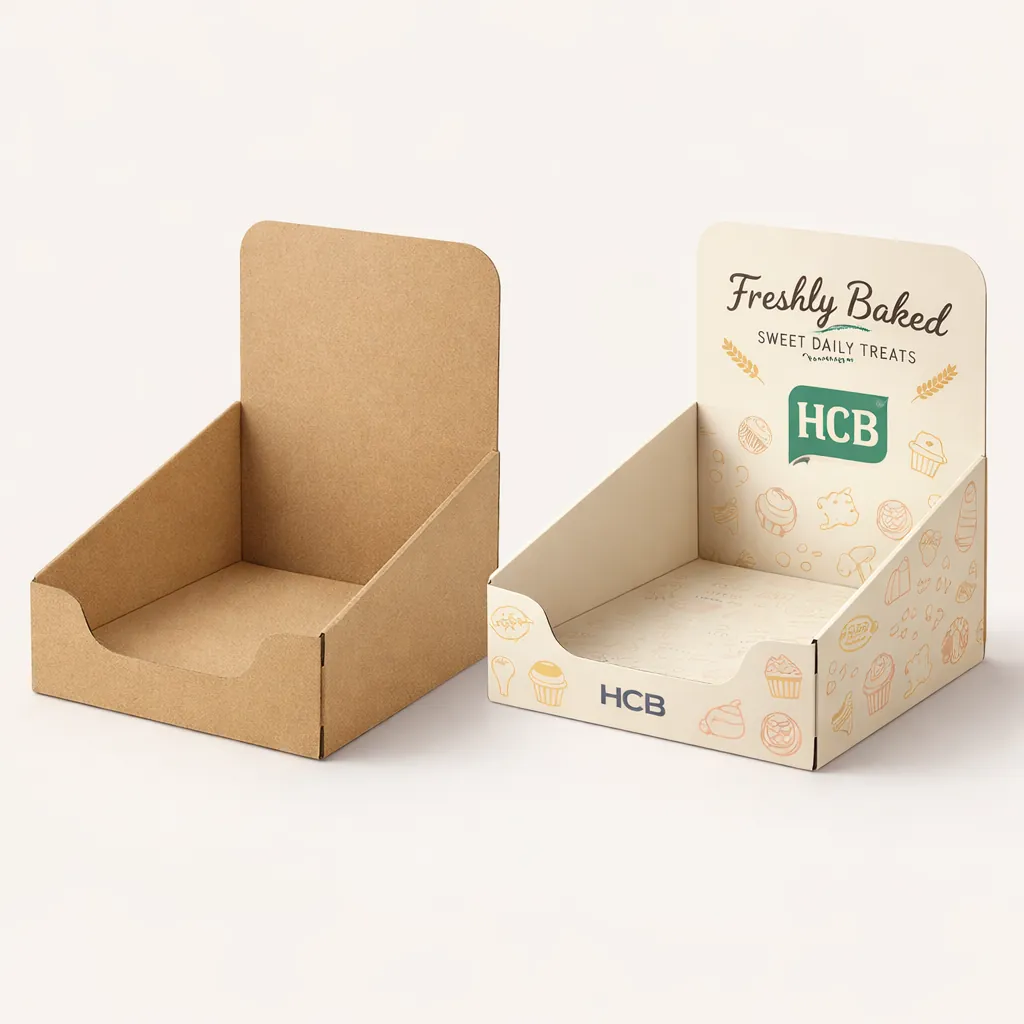 Two upright packaging boxes featuring a transparent rectangular window on the front panel for product visibility. class=